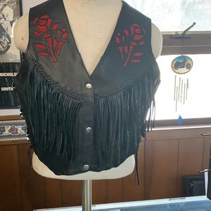 Ladies Leather Vest with Suede Red Rose Inlay